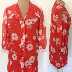 Vintage 60s Ruffled Mini Dress *Small* LA COLETTE Mod Red Floral Sheer Sleeves